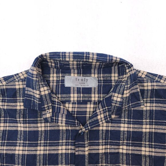 Truly Madras Flannel Casual Button Up Shirt Mens Size Large L Blue Beige - Picture 1 of 10